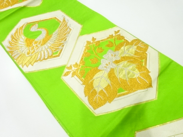 JAPANESE KIMONO / ANTIQUE FUKURO OBI / SILK / WOVEN CRANE & PAULOWNIA